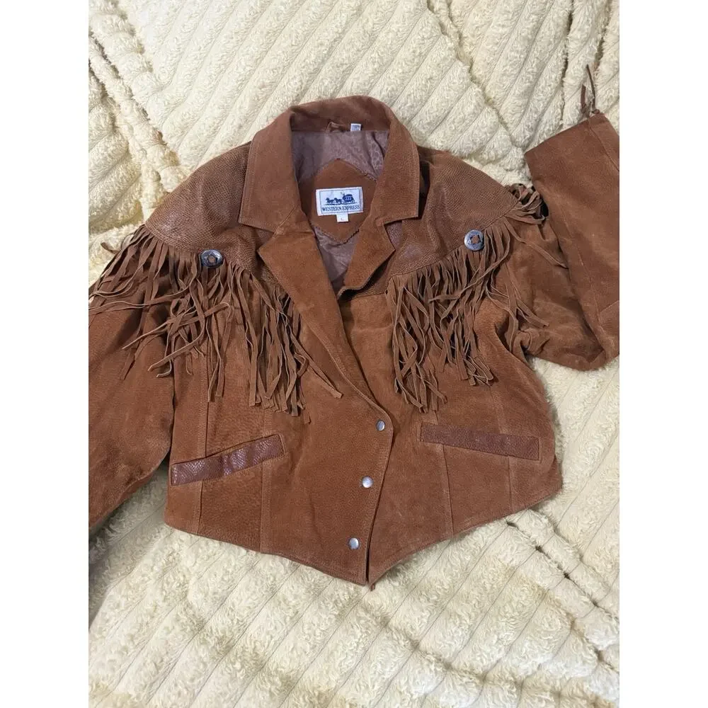Women’s Vintage 80’s Fringe Leather Jacket Brown Western Express Size Large - Picture 2 of 16